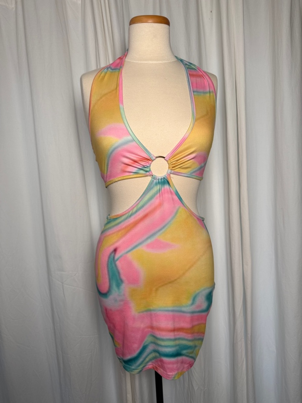 SHEIN Pastel Marble Halter Mini Dress in Pink, Yellow, Teal